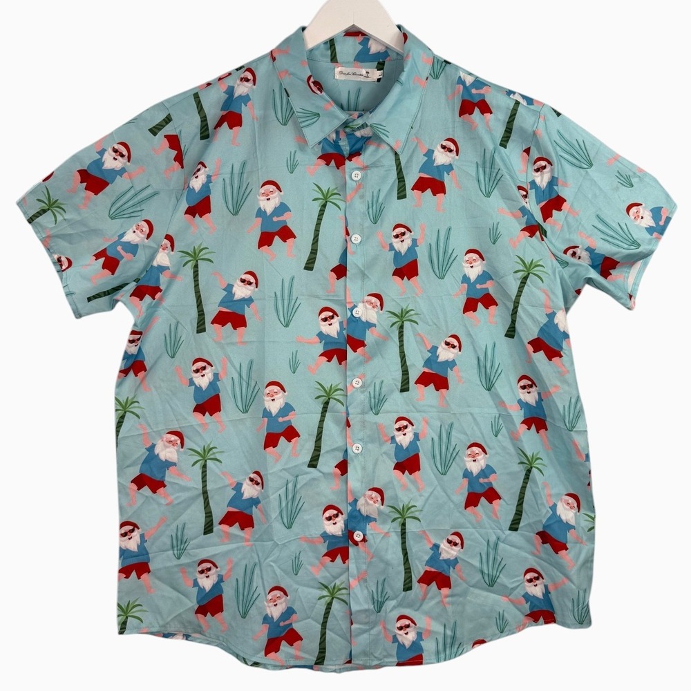 Chase the Adventure Large Tropical Santa Hawaiian Shirt Blue Christmas Button Up